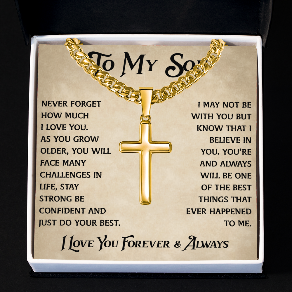 To My Son Artisan Cross with Cuban Link Chain - Heartfelt Jewelry Gifts from Dad Father for Birthday Back to School or Special Occasion