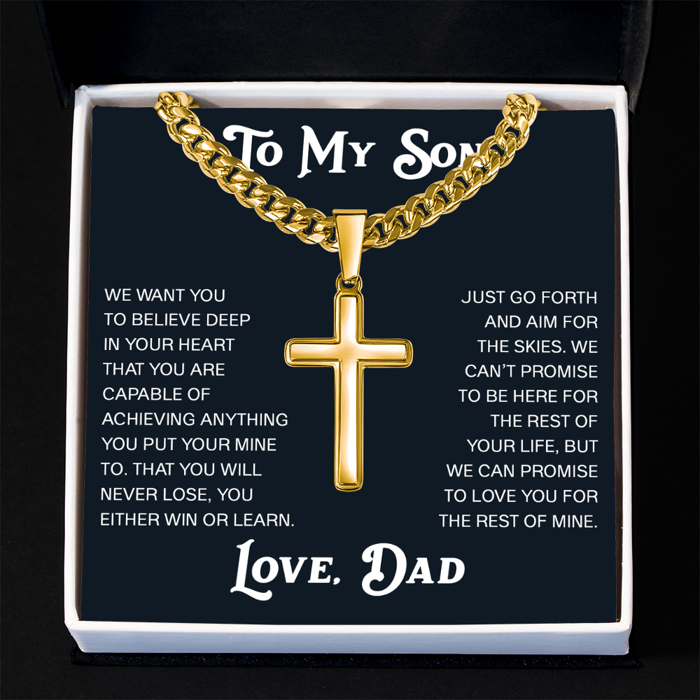 To My Son Artisan Cross with Cuban Link Chain Gift from Dad Father -  Unique Present for Graduation, Birthday, Christmas or any Special Occasion