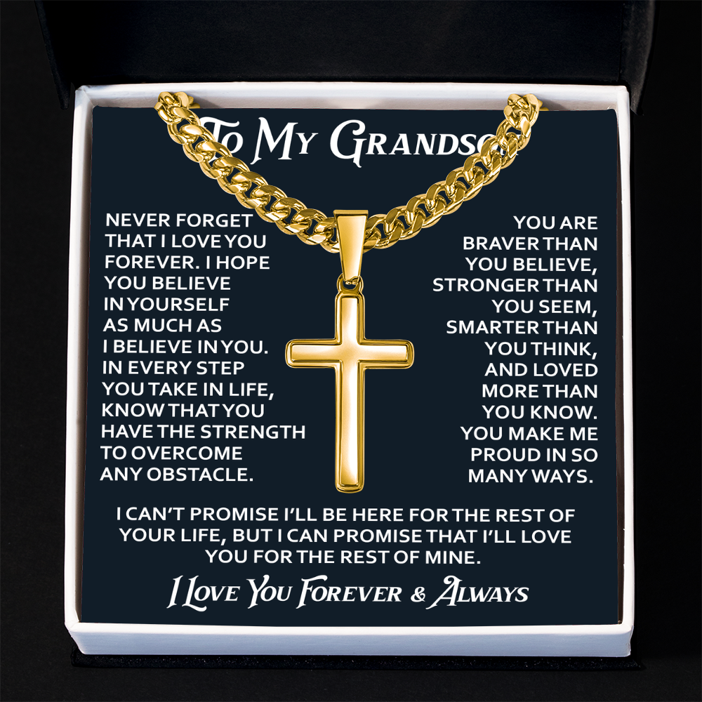 To My Grandson Artisan Cross with Cuban Link Chain - Christian Faith Gifts From Grandpa Inspirational Jewelry
