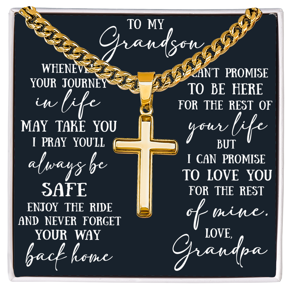 To My Grandson Artisan Cross with Cuban Link Chain - Christian Faith Gift From Grandpa Inspirational Jewelry