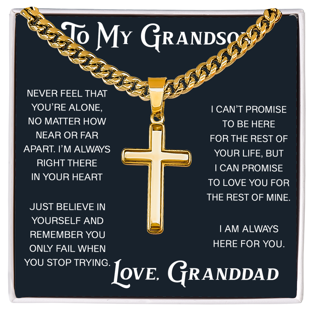 To My Grandson Artisan Cross with Cuban Link Chain - Christian Faith Gift From Granddad Inspirational Jewelry