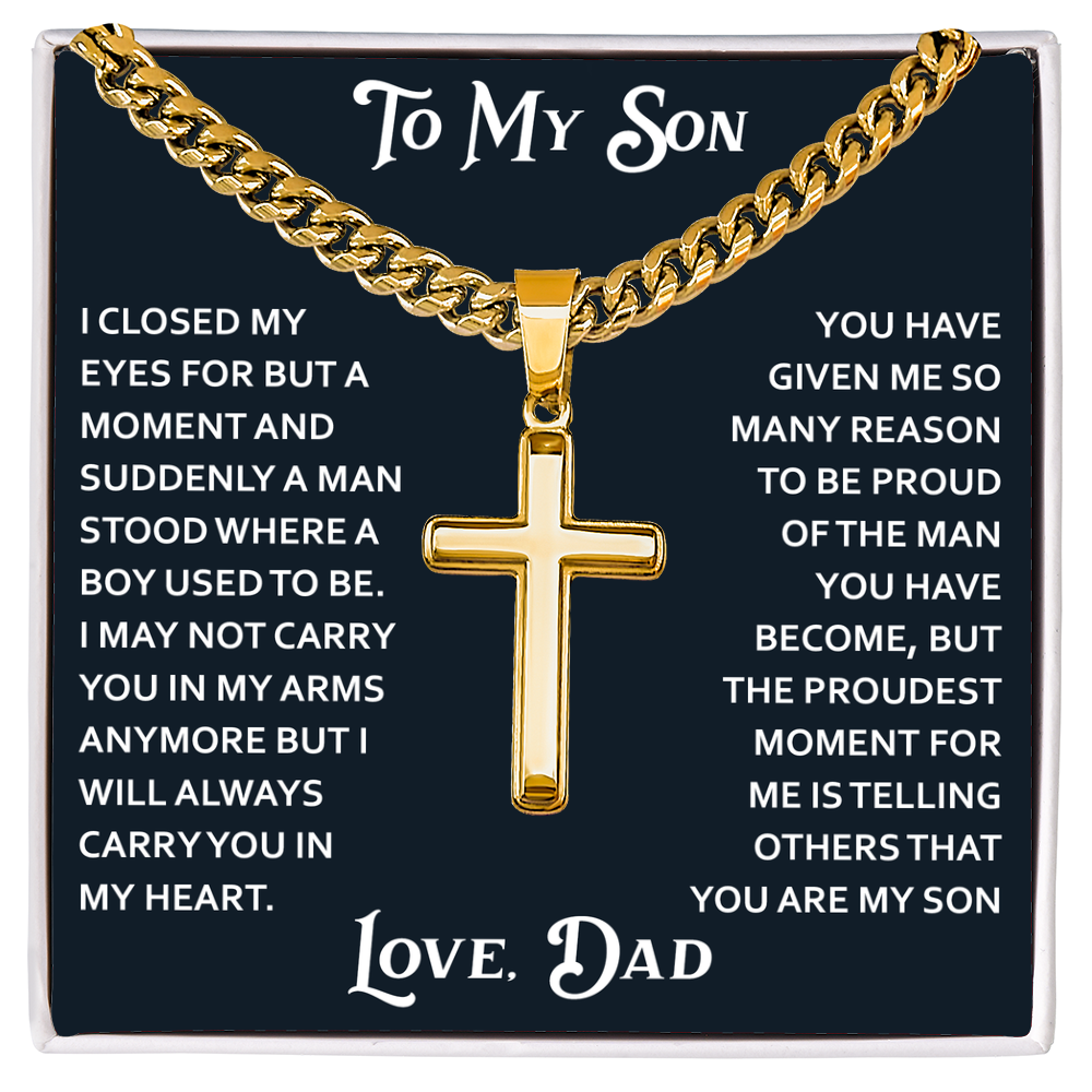 To My Son Artisan Cross with Cuban Link Chain for Birthday Back to School Christmas Gift from Dad Father Heartfelt Jewelry Present