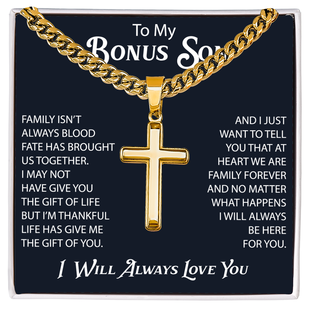 Gift For Bonus Son Cuban Chain with Artisan Cross Necklace From Mom Dad, Bonus Son Necklaces Gift