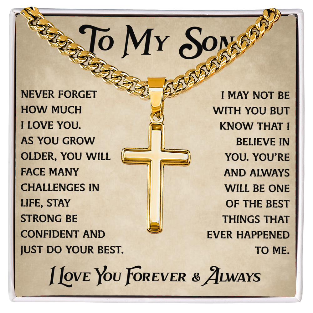 To My Son Artisan Cross with Cuban Link Chain - Heartfelt Jewelry Gifts from Dad Father for Birthday Back to School or Special Occasion