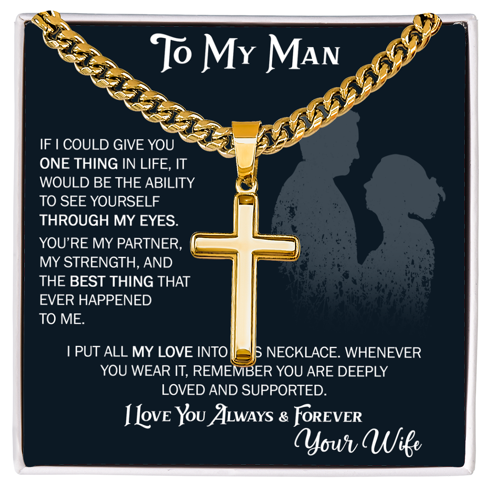 To My Husband Artisan Cross with Cuban Link Chain From Wife – Valentines Day Gifts for Her with Heartfelt Message Card, Premium Gold-Plated Wife Jewelry in Elegant Box