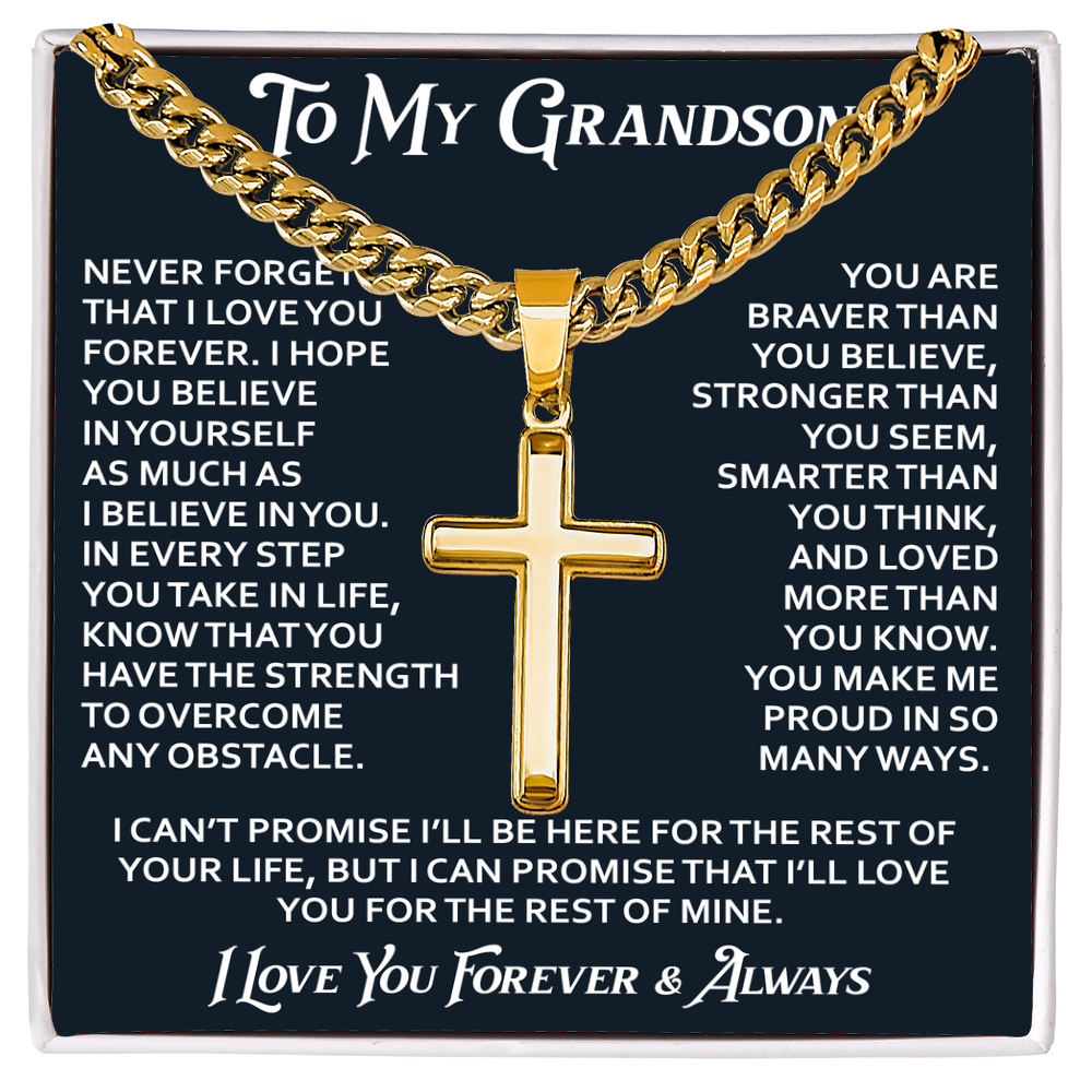 To My Grandson Artisan Cross with Cuban Link Chain - Christian Faith Gifts From Grandpa Inspirational Jewelry