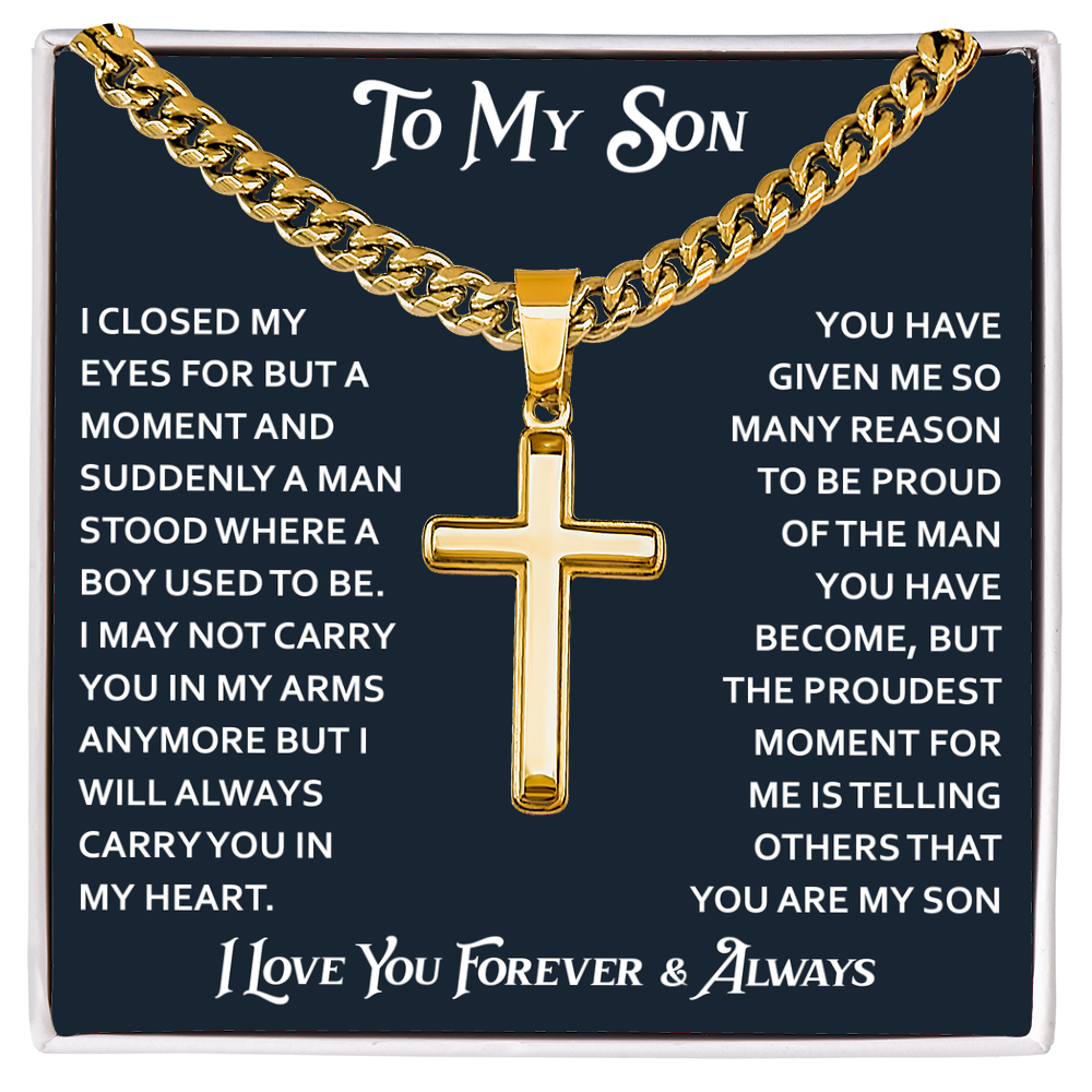 To My Son Artisan Cross with Cuban Link Chain - Birthday Gift from Dad Father Heartfelt Jewelry Gifts