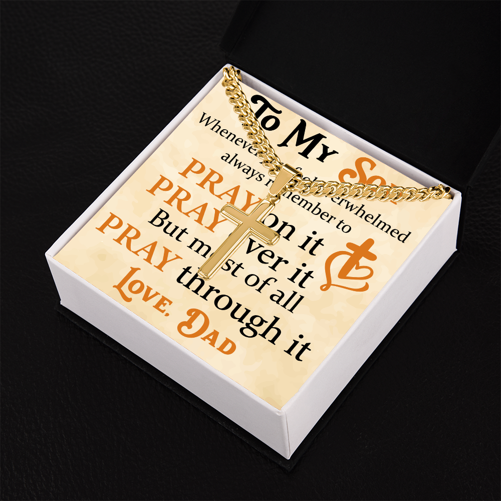 Product Image To My Son Bracelet from Dad, Pray on It, Pray Over It, But Most of All Pray Through It, Artisan Cross with Cuban Link Chain