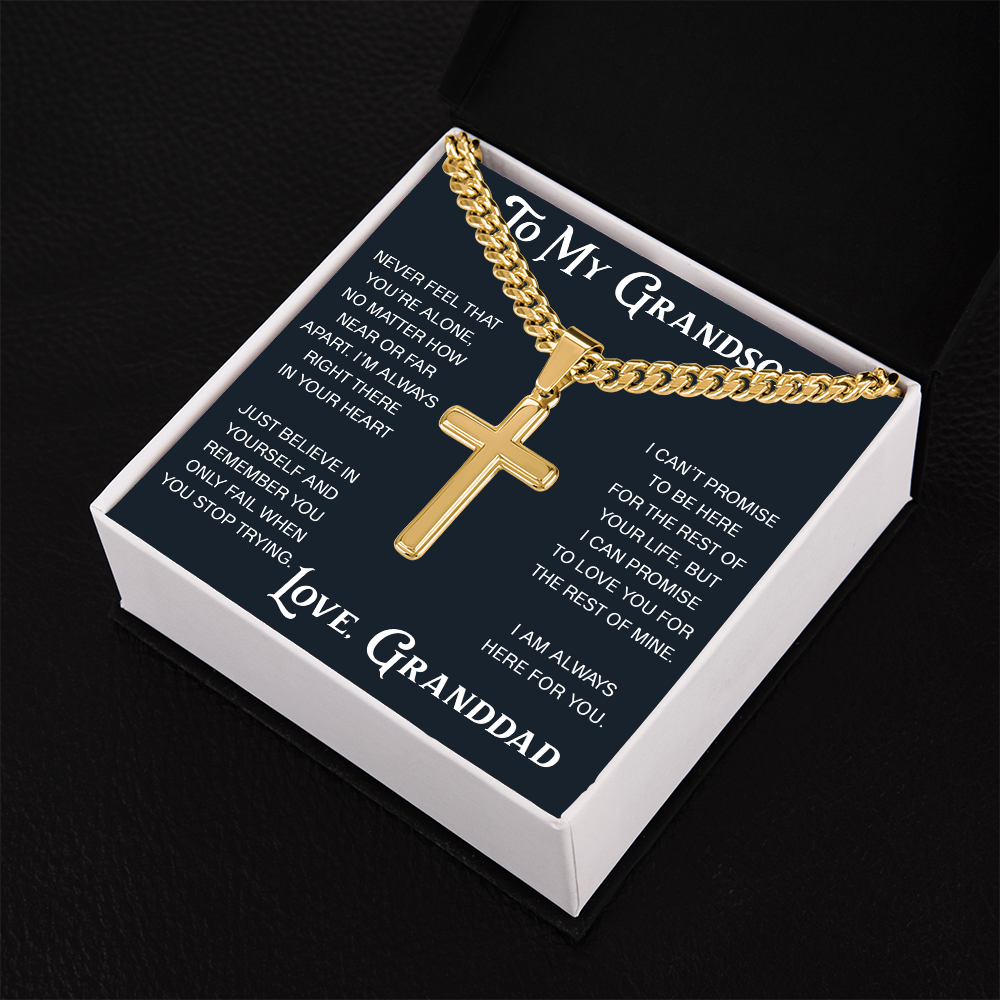 To My Grandson Artisan Cross with Cuban Link Chain - Christian Faith Gift From Granddad Inspirational Jewelry
