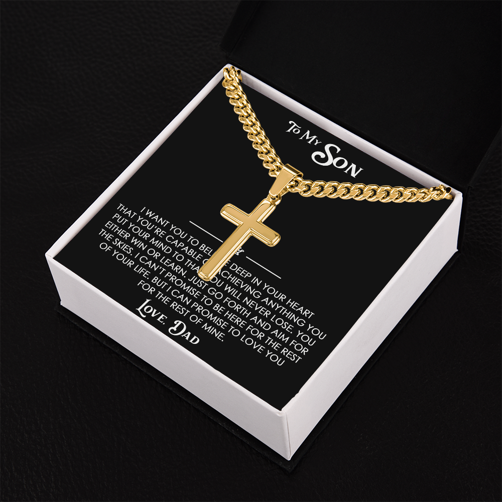 To My Son Gift From Dad - Artisan Cross with Cuban Link Chain For Children, Faith Gift for any Occasion