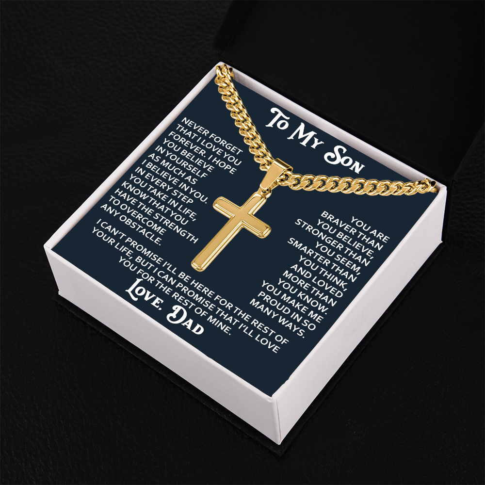 To My Son Artisan Cross with Cuban Link Chain - Birthday Gift from Dad Father Heartfelt Jewelry
