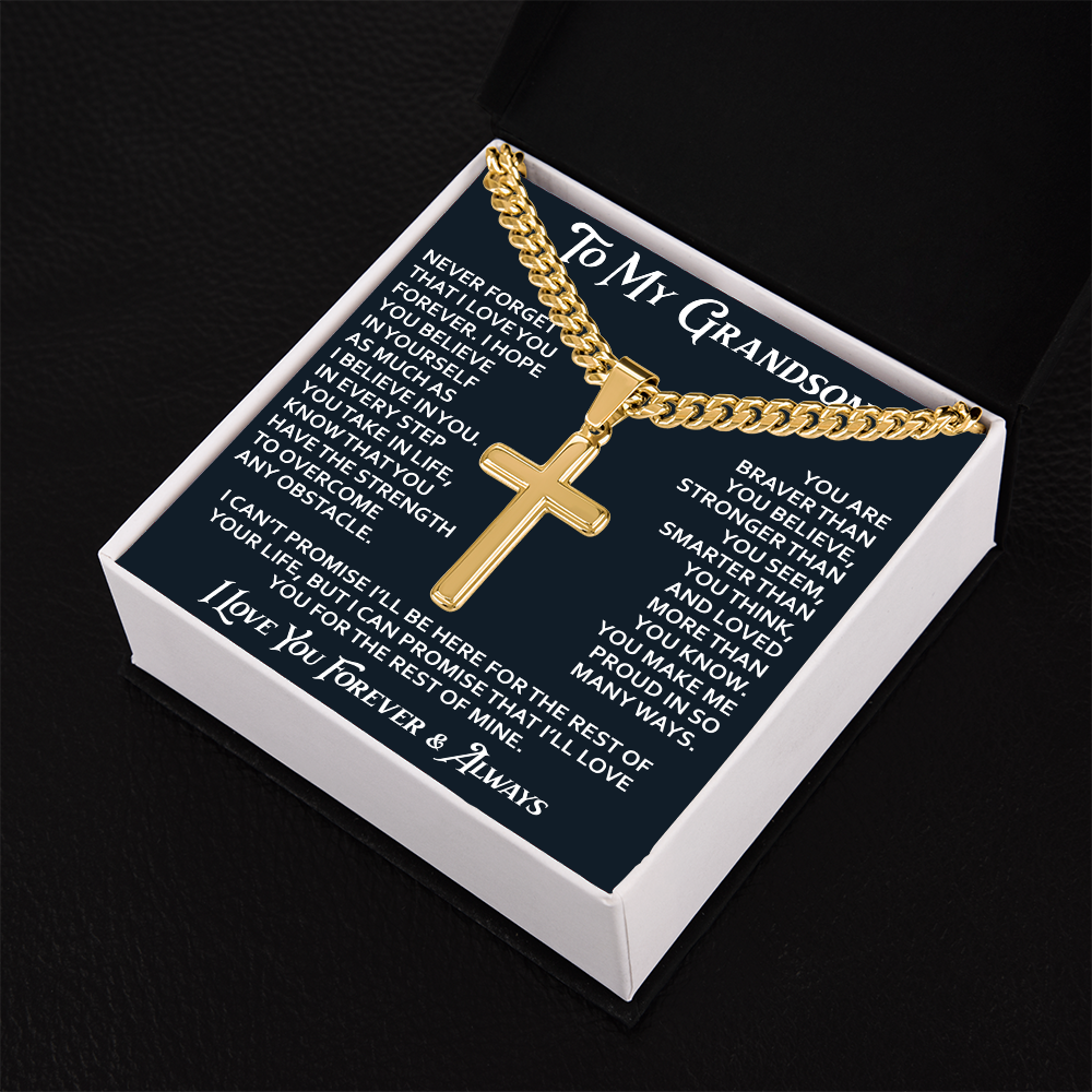 To My Grandson Artisan Cross with Cuban Link Chain - Christian Faith Gifts From Grandpa Inspirational Jewelry