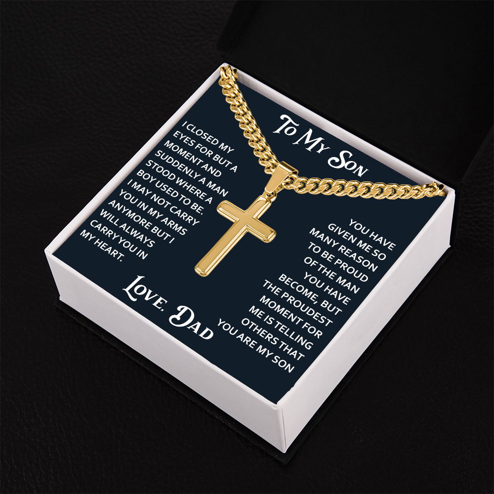 To My Son Artisan Cross with Cuban Link Chain for Birthday Back to School Christmas Gift from Dad Father Heartfelt Jewelry Present