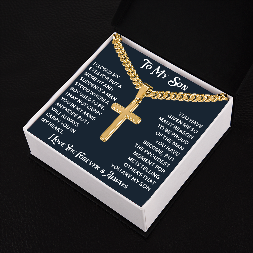 To My Son Artisan Cross with Cuban Link Chain - Birthday Gift from Dad Father Heartfelt Jewelry Gifts