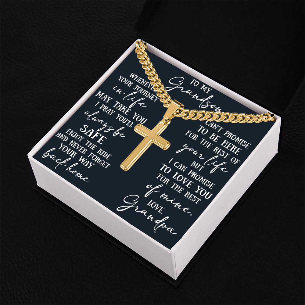 To My Grandson Artisan Cross with Cuban Link Chain - Christian Faith Gift From Grandpa Inspirational Jewelry