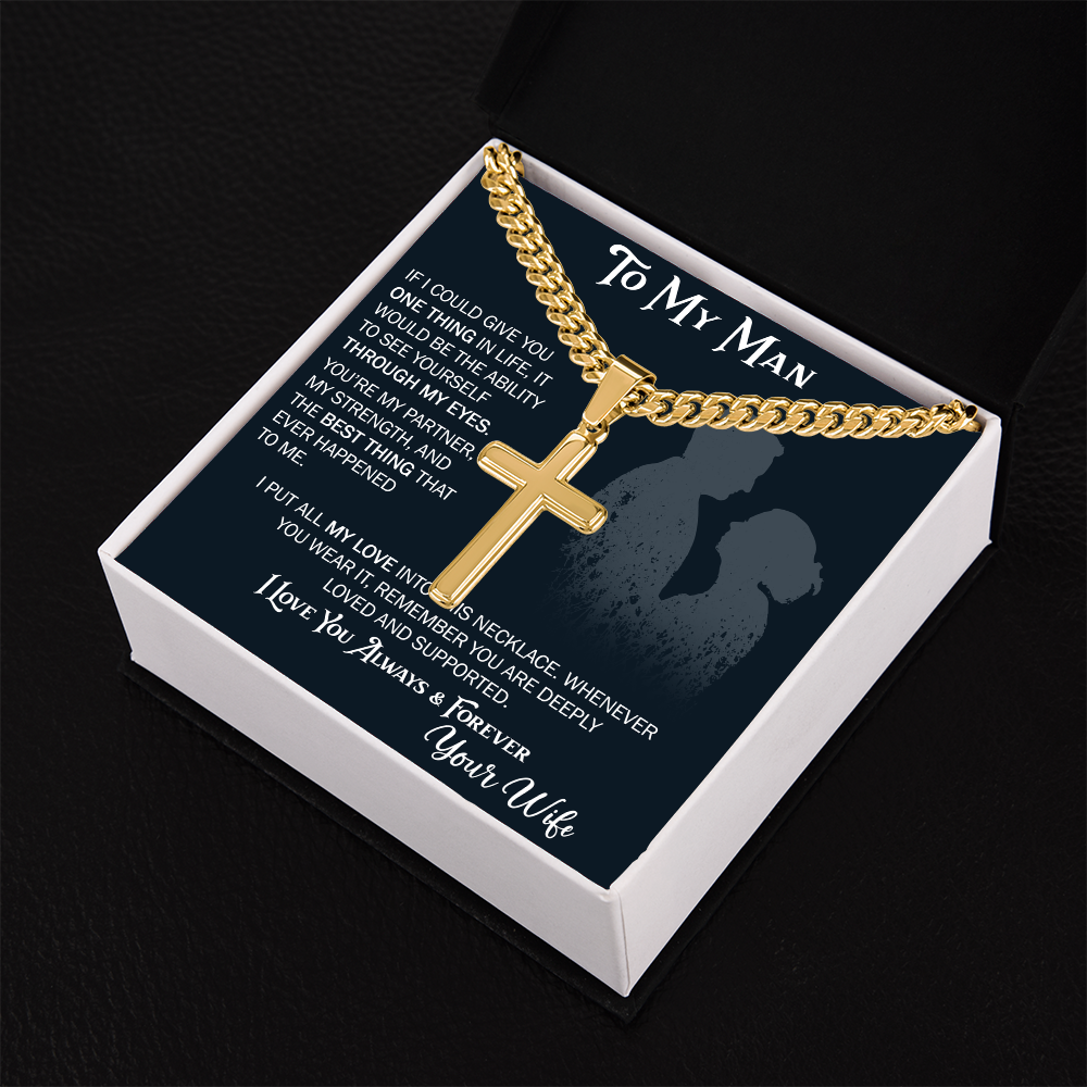 To My Husband Artisan Cross with Cuban Link Chain From Wife – Valentines Day Gifts for Her with Heartfelt Message Card, Premium Gold-Plated Wife Jewelry in Elegant Box