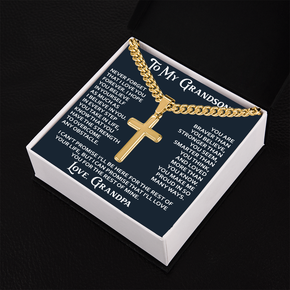 To My Grandson Artisan Cross with Cuban Link Chain - Christian Faith Gift From Grandpa Inspirational Jewelry