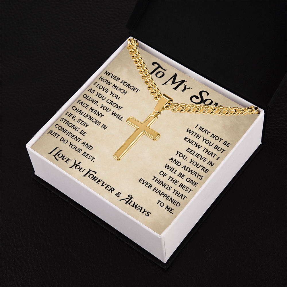 To My Son Artisan Cross with Cuban Link Chain - Heartfelt Jewelry Gifts from Dad Father for Birthday Back to School or Special Occasion