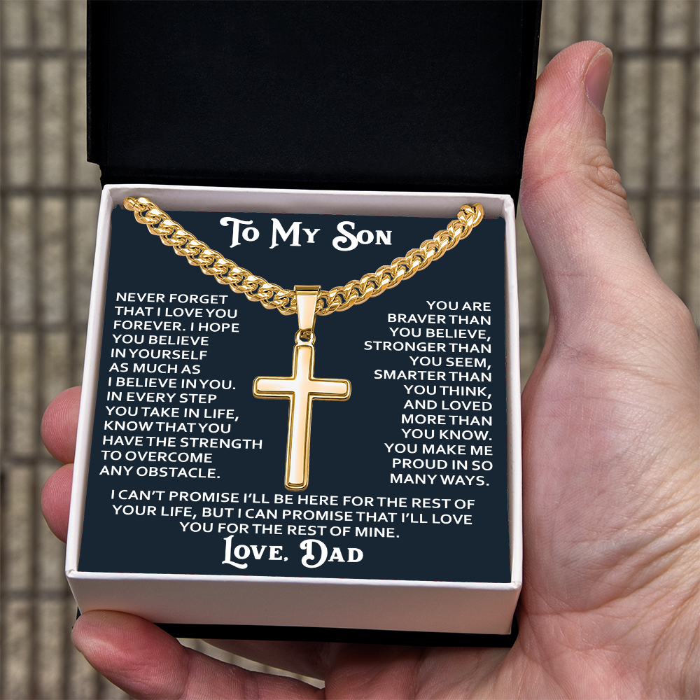 To My Son Artisan Cross with Cuban Link Chain - Birthday Gift from Dad Father Heartfelt Jewelry