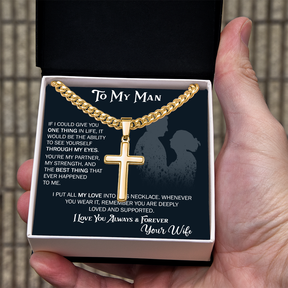 To My Husband Artisan Cross with Cuban Link Chain From Wife – Valentines Day Gifts for Her with Heartfelt Message Card, Premium Gold-Plated Wife Jewelry in Elegant Box