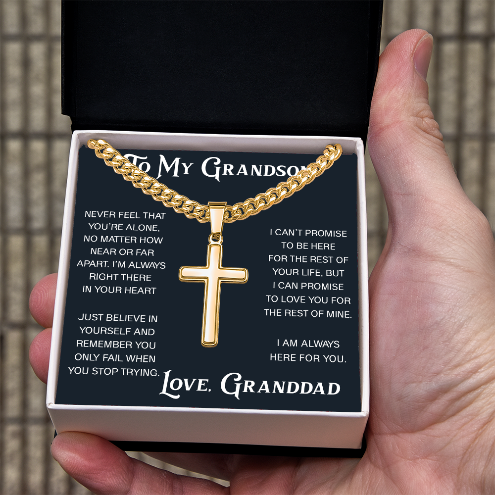 To My Grandson Artisan Cross with Cuban Link Chain - Christian Faith Gift From Granddad Inspirational Jewelry