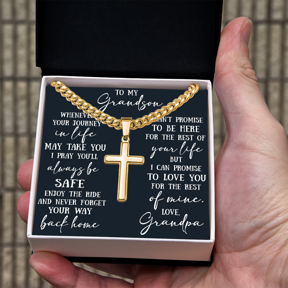 To My Grandson Artisan Cross with Cuban Link Chain - Christian Faith Gift From Grandpa Inspirational Jewelry