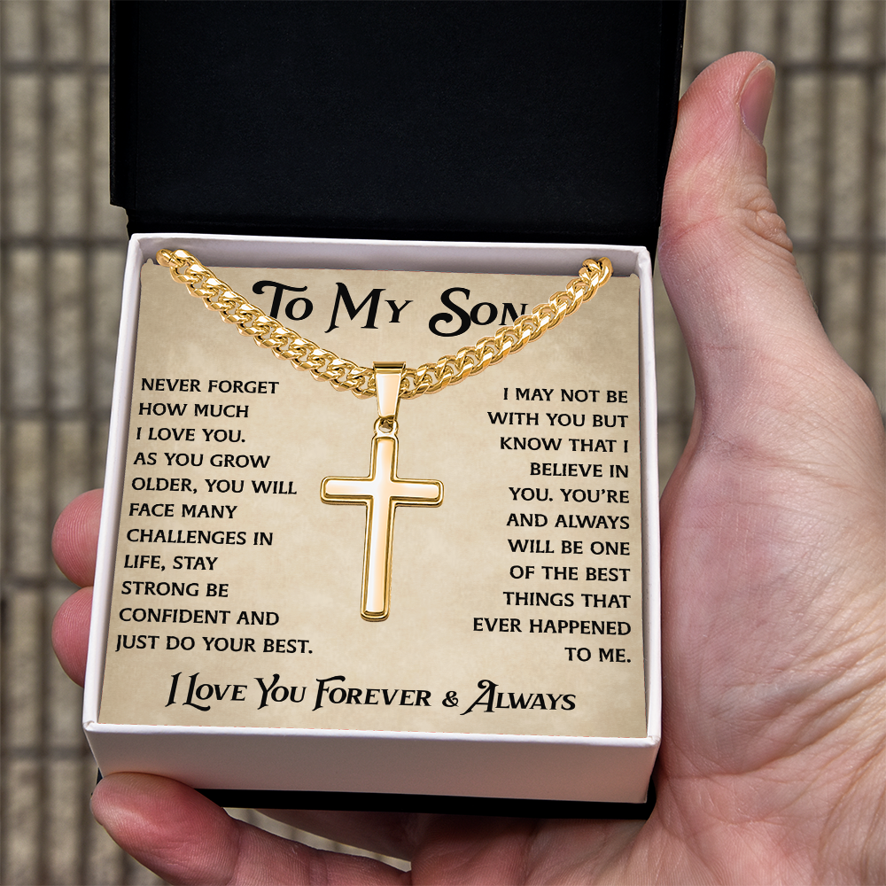 To My Son Artisan Cross with Cuban Link Chain - Heartfelt Jewelry Gifts from Dad Father for Birthday Back to School or Special Occasion