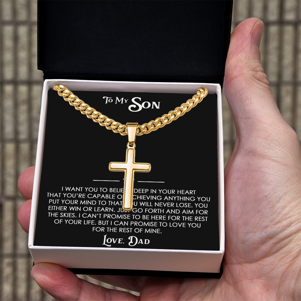 To My Son Gift From Dad - Artisan Cross with Cuban Link Chain For Children, Faith Gift for any Occasion