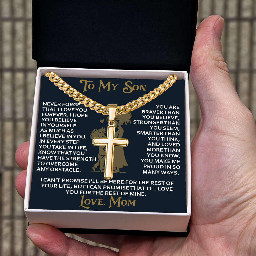To My Daughter Gift From Mom Mama Mother - Artisan Cross with Cuban Link Chain for Birthday Christmas Back to School or Special Occasion