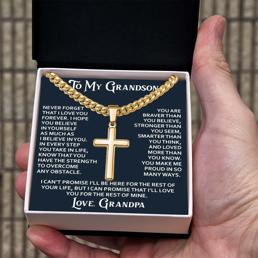 To My Grandson Artisan Cross with Cuban Link Chain - Christian Faith Gift From Grandpa Inspirational Jewelry