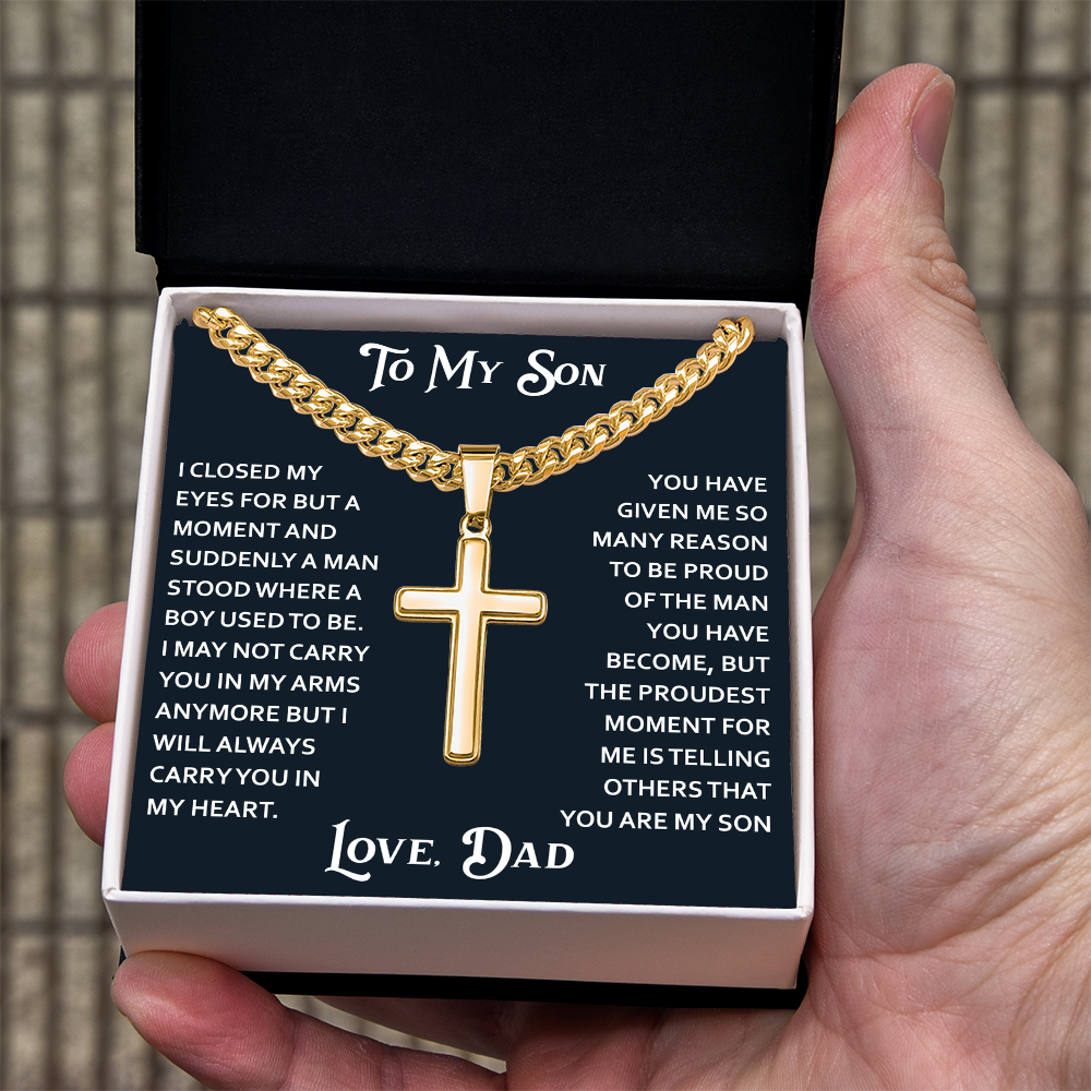 To My Son Artisan Cross with Cuban Link Chain for Birthday Back to School Christmas Gift from Dad Father Heartfelt Jewelry Present