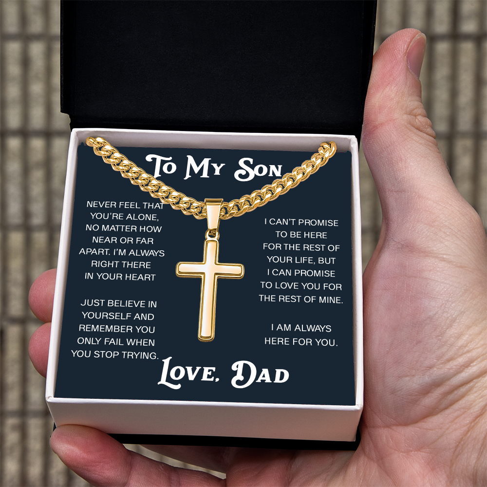 To My Son Artisan Cross with Cuban Link Chain - Christian Faith Gift From Dad Inspirational Jewelry