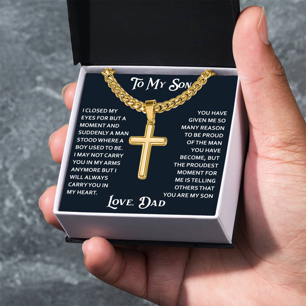 To My Son Artisan Cross with Cuban Link Chain for Birthday Back to School Christmas Gift from Dad Father Heartfelt Jewelry Present