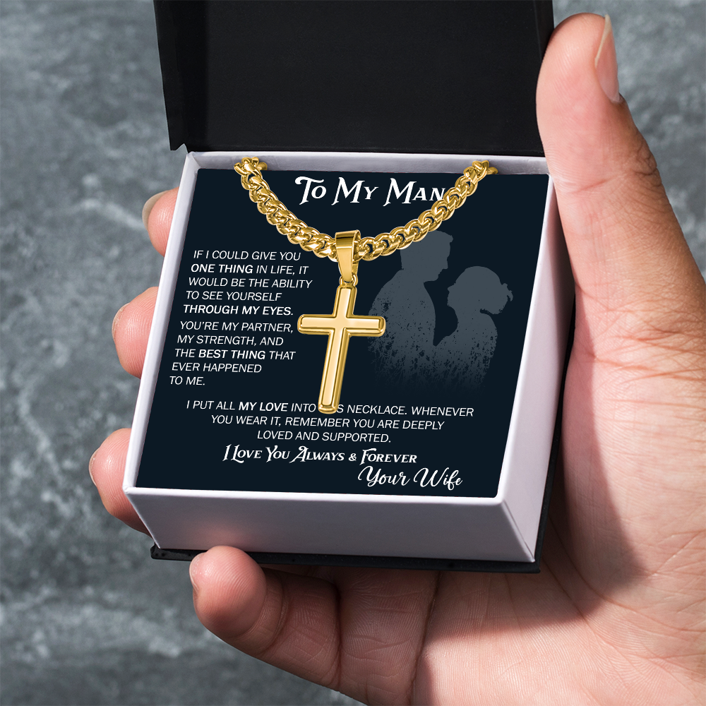 To My Husband Artisan Cross with Cuban Link Chain From Wife – Valentines Day Gifts for Her with Heartfelt Message Card, Premium Gold-Plated Wife Jewelry in Elegant Box