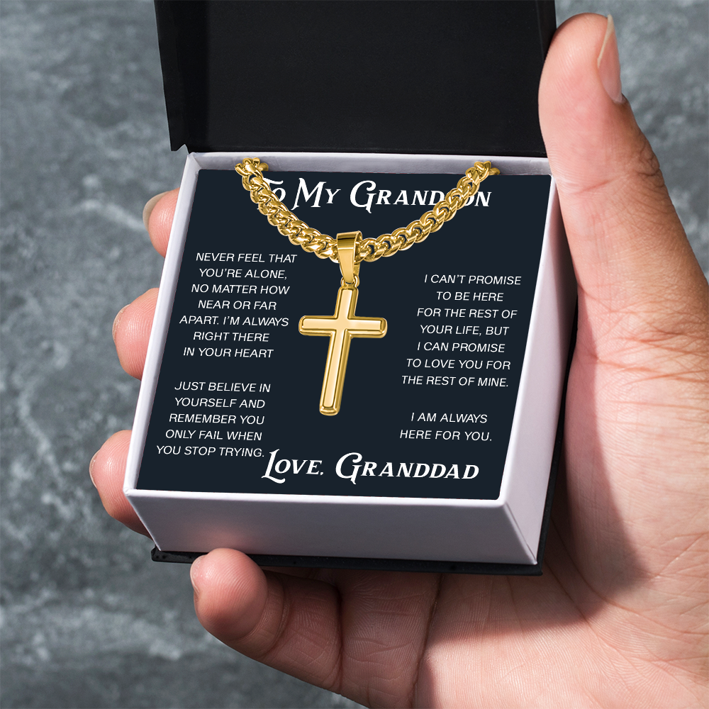 To My Grandson Artisan Cross with Cuban Link Chain - Christian Faith Gift From Granddad Inspirational Jewelry