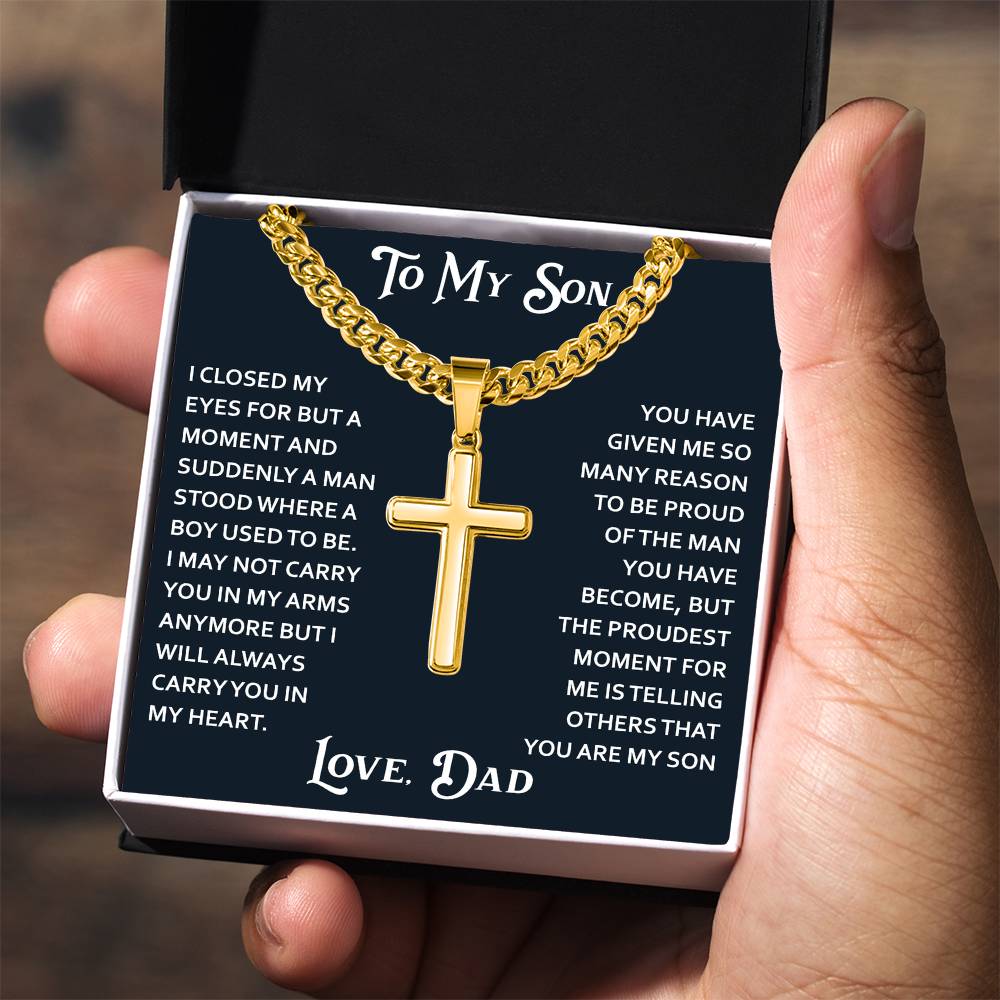 To My Son Artisan Cross with Cuban Link Chain for Birthday Back to School Christmas Gift from Dad Father Heartfelt Jewelry Present