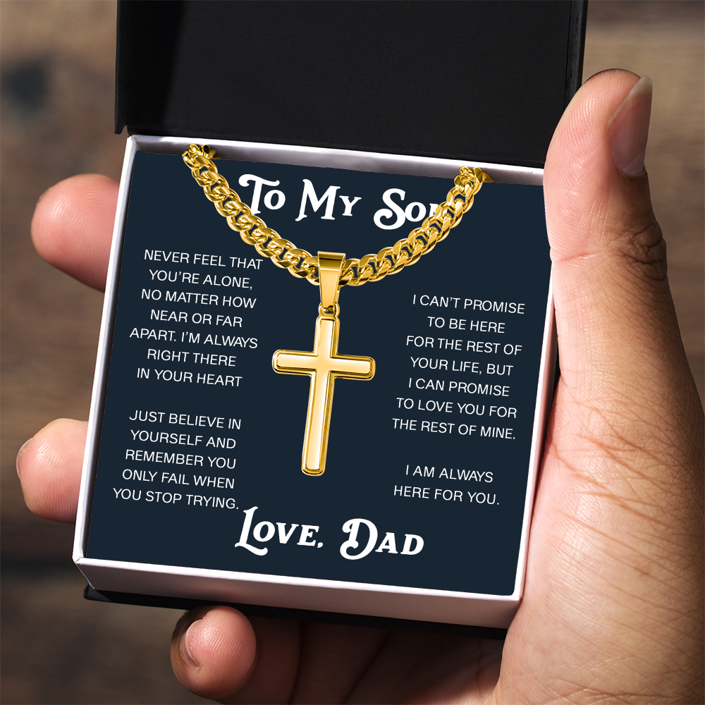 To My Son Artisan Cross with Cuban Link Chain - Christian Faith Gift From Dad Inspirational Jewelry