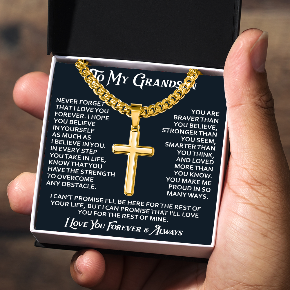 To My Grandson Artisan Cross with Cuban Link Chain - Christian Faith Gifts From Grandpa Inspirational Jewelry