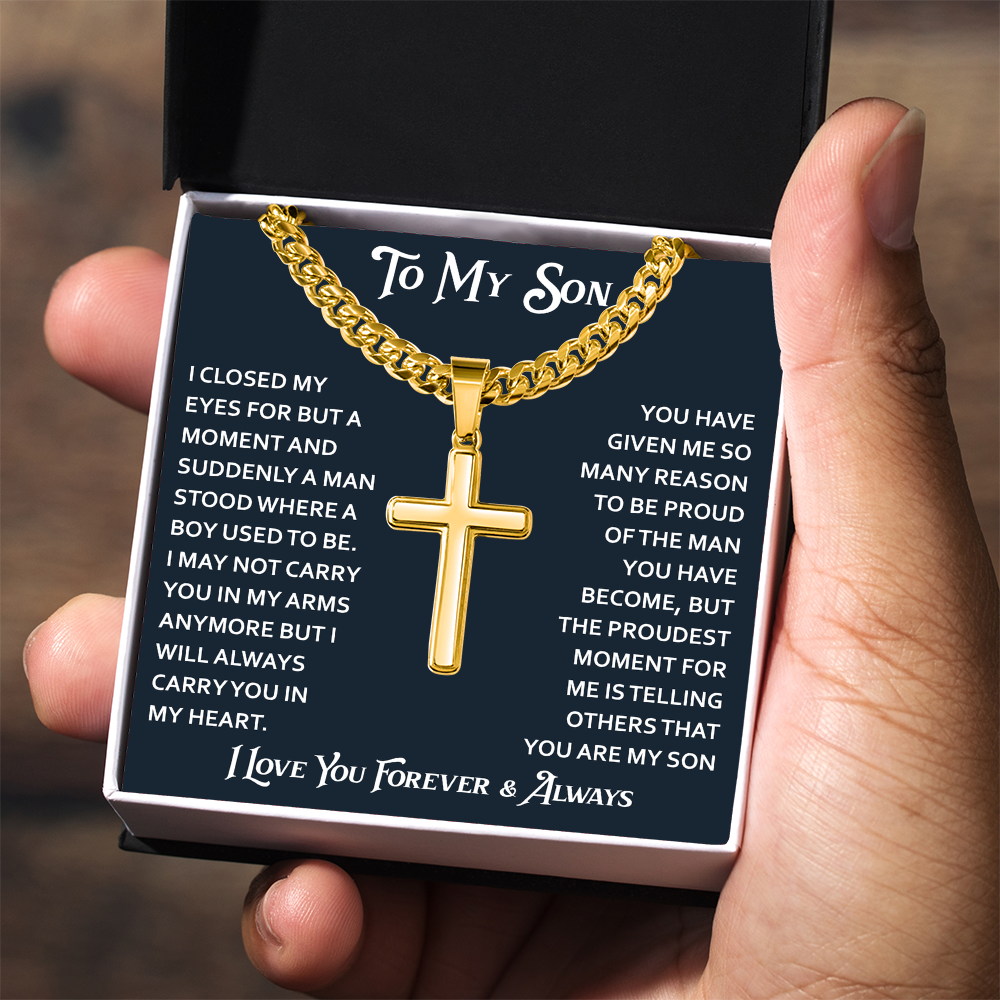 To My Son Artisan Cross with Cuban Link Chain - Birthday Gift from Dad Father Heartfelt Jewelry Gifts