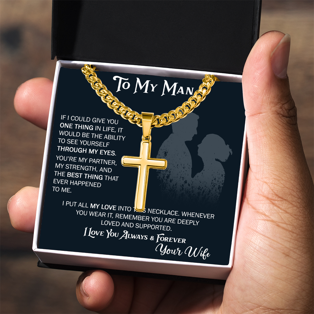 To My Husband Artisan Cross with Cuban Link Chain From Wife – Valentines Day Gifts for Her with Heartfelt Message Card, Premium Gold-Plated Wife Jewelry in Elegant Box