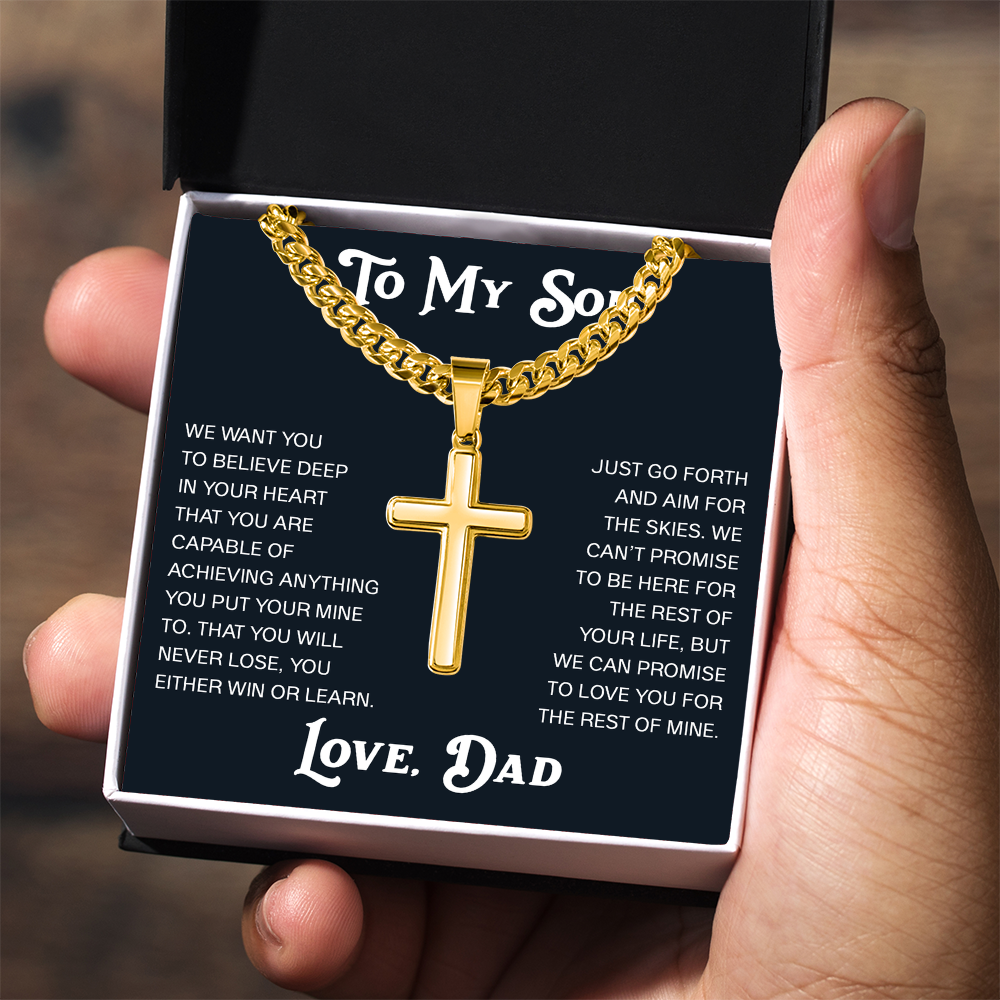 To My Son Artisan Cross with Cuban Link Chain Gift from Dad Father -  Unique Present for Graduation, Birthday, Christmas or any Special Occasion