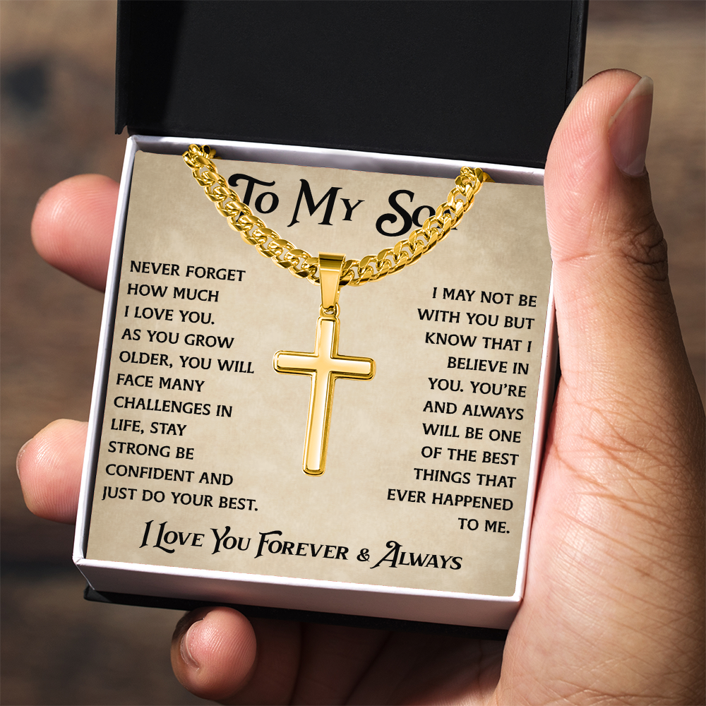 To My Son Artisan Cross with Cuban Link Chain - Heartfelt Jewelry Gifts from Dad Father for Birthday Back to School or Special Occasion