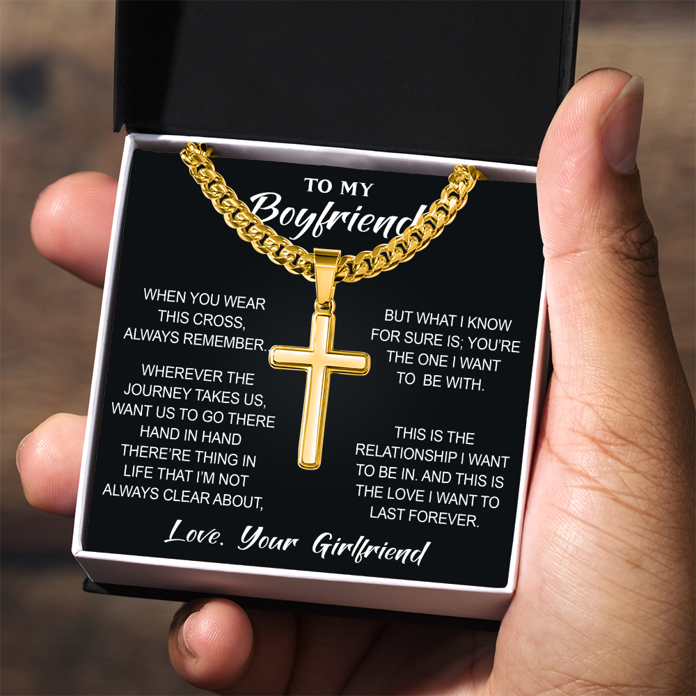 Artisan Cross with Cuban Link Chain for Boyfriend, Gift from Partner, Girlfriend, Soulmate -  Birthday, Valentine Present.