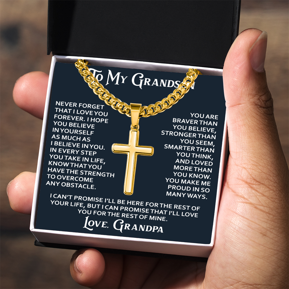 To My Grandson Artisan Cross with Cuban Link Chain - Christian Faith Gift From Grandpa Inspirational Jewelry