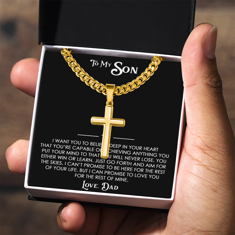 To My Son Gift From Dad - Artisan Cross with Cuban Link Chain For Children, Faith Gift for any Occasion