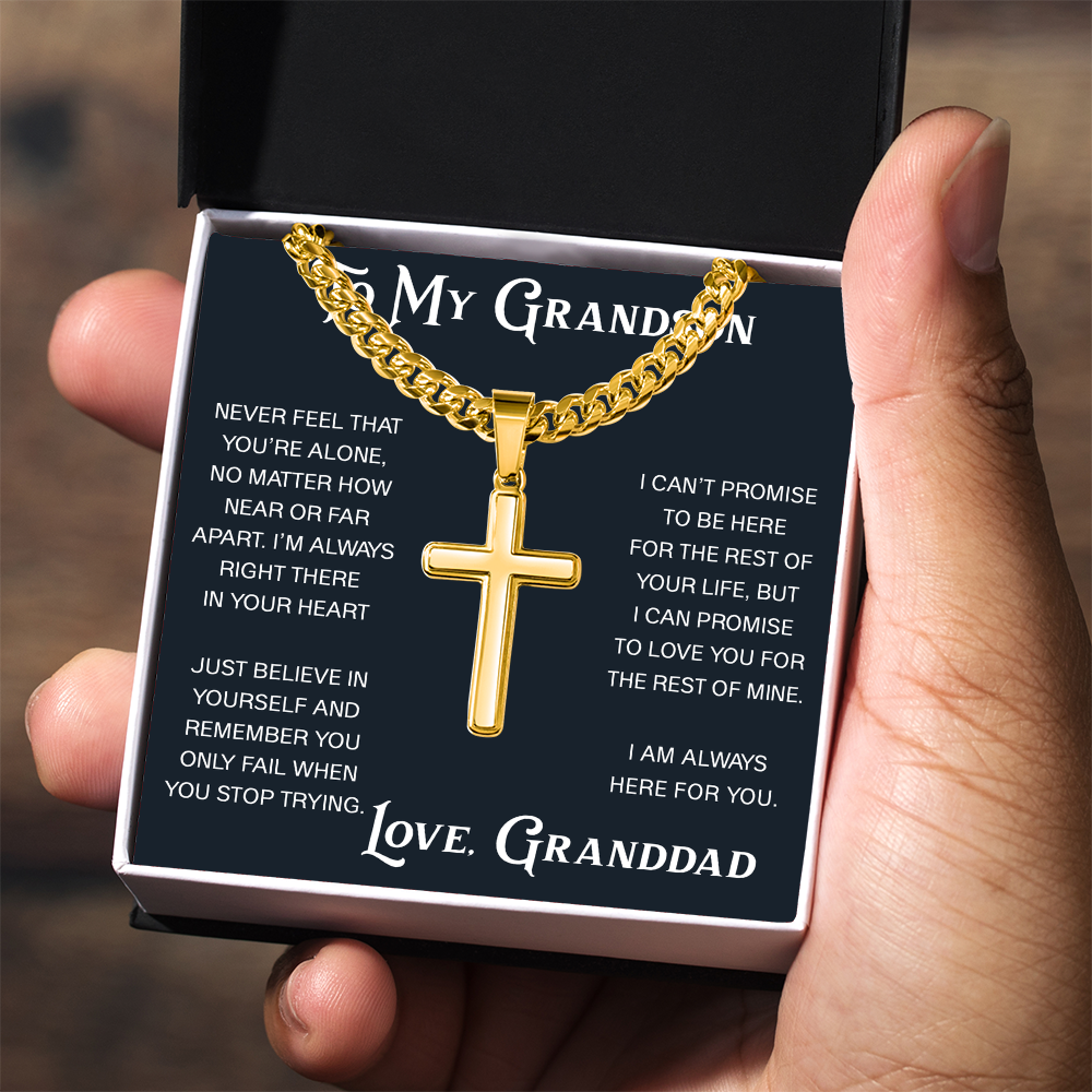 To My Grandson Artisan Cross with Cuban Link Chain - Christian Faith Gift From Granddad Inspirational Jewelry
