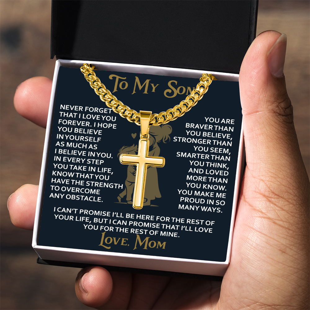 To My Daughter Gift From Mom Mama Mother - Artisan Cross with Cuban Link Chain for Birthday Christmas Back to School or Special Occasion