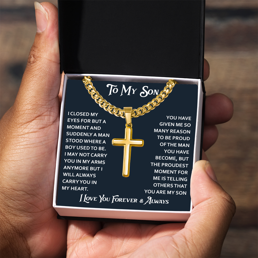 To My Son Artisan Cross with Cuban Link Chain - Birthday Gift from Dad Father Heartfelt Jewelry Gifts
