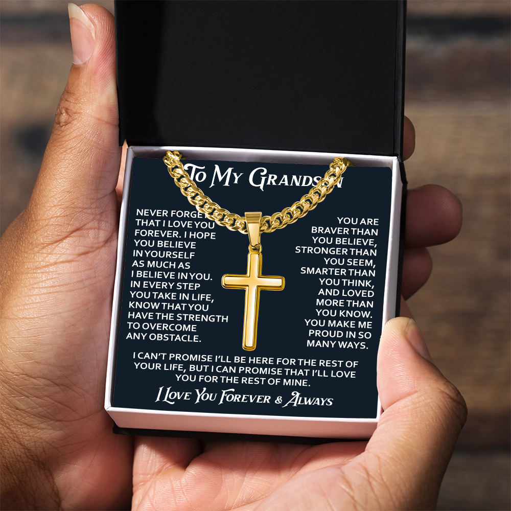 To My Grandson Artisan Cross with Cuban Link Chain - Christian Faith Gifts From Grandpa Inspirational Jewelry