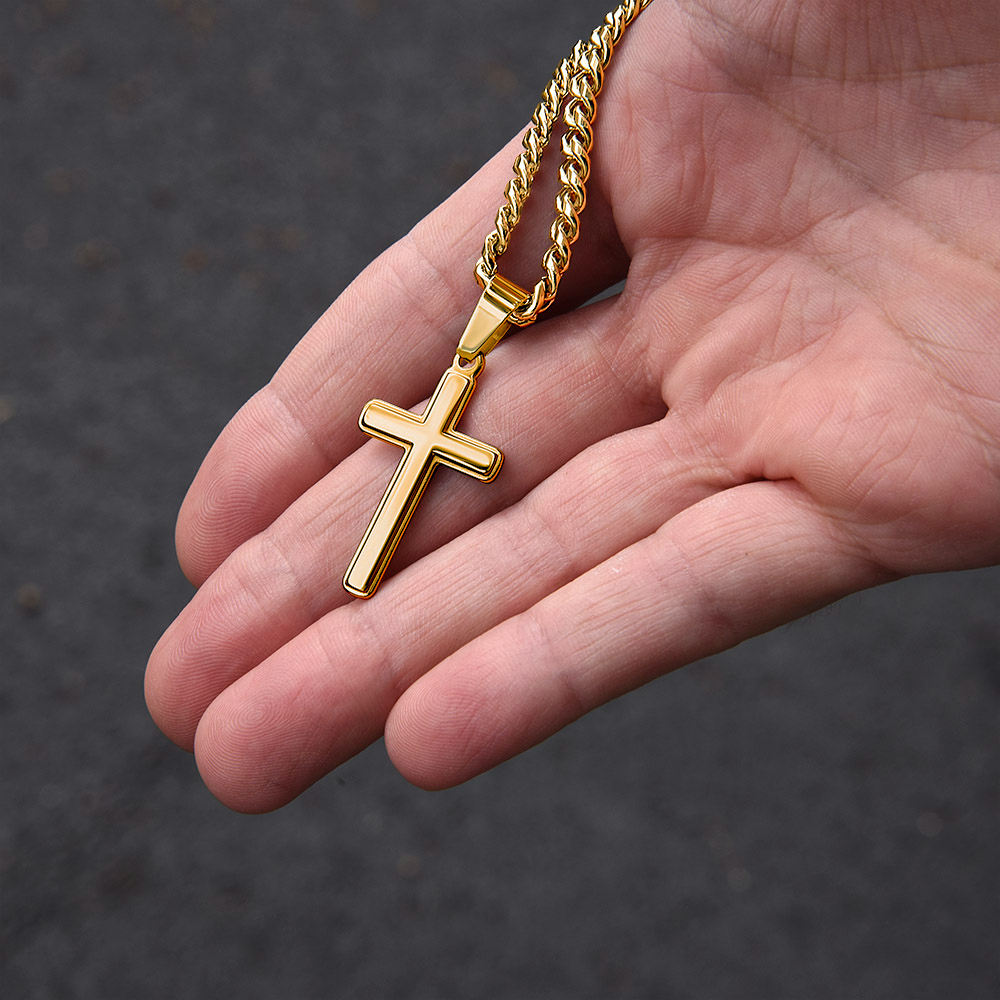 To My Son Artisan Cross with Cuban Link Chain Gift from Dad Father - Unique Present for Graduation, Birthday, Christmas or any Special Occasion.